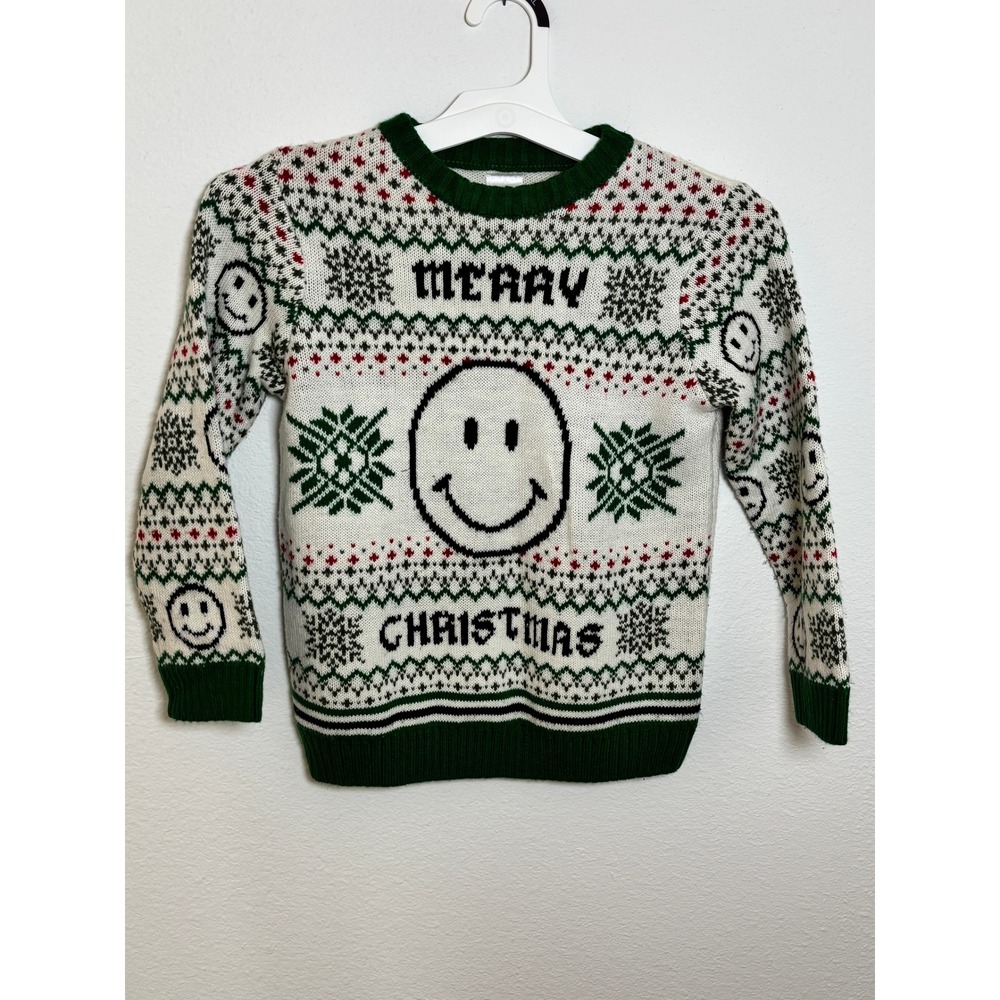 Holiday Time Boys Merry Christmas Smiley Face Fair Isle Sweater Green White M 8